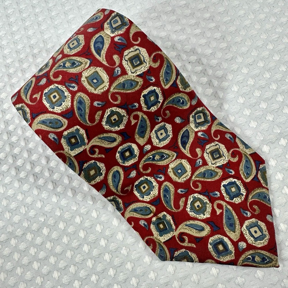 Kuppenheimer Red Silk Tie 4" Wide Vintage Paisley Geometric Necktie Made in USA